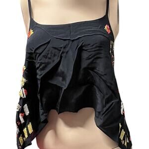 Chelsea Flower Tank Top Black Multicolor Sequins Flowy XS Cruise Wear Boho Y2K